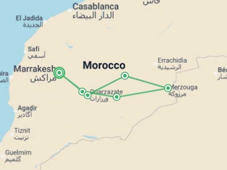 Map itinerary of Marrakech Tour in Summer with 6 destination visits for the trip: Morocco Family Adventure - 9 days