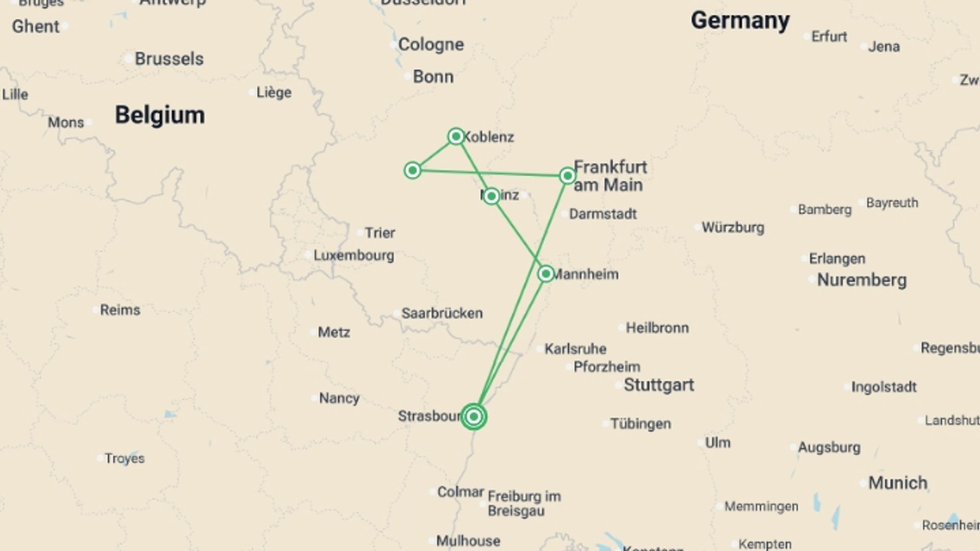 A map showing the tour itinerary for the trip: The Valley of the romantic Rhine, the Moselle and the Main (port-to-port cruise), starting in Strasbourg, France and ending in Strasbourg, France going through 5 other destinations.