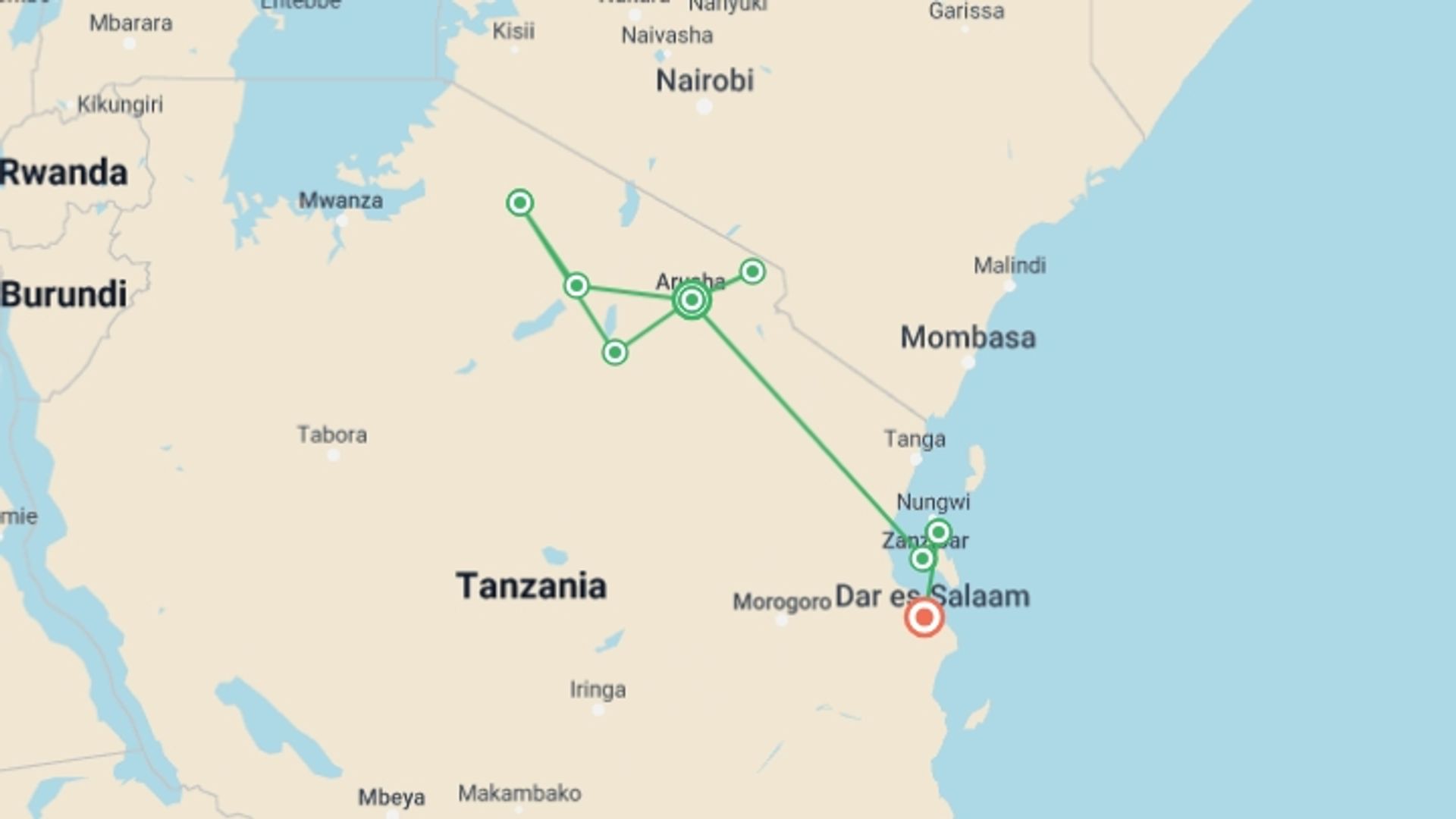 A map showing the tour itinerary for the trip: 14 Day Family Safari in Tanzania  (3 pax), starting in Arusha, Tanzania and ending in Dar Es Salaam, Tanzania going through 8 other destinations.