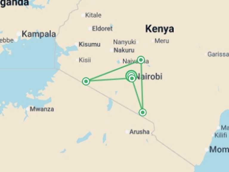 Map of Kenya Tour with 4 destination visits for the trip: Kenya Adventure