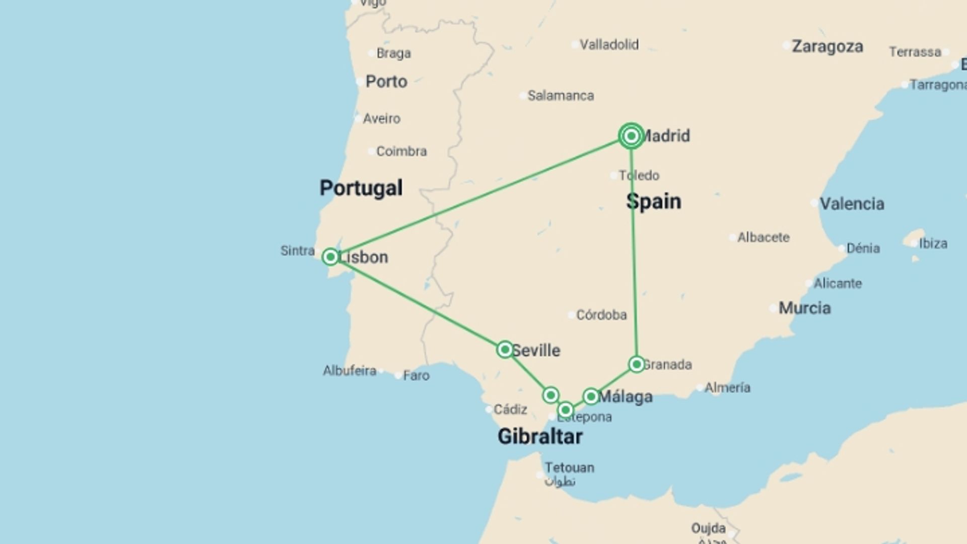 A map showing the tour itinerary for the trip: Iberian Ring, starting in Madrid, Spain and ending in Madrid, Spain going through 3 other destinations.