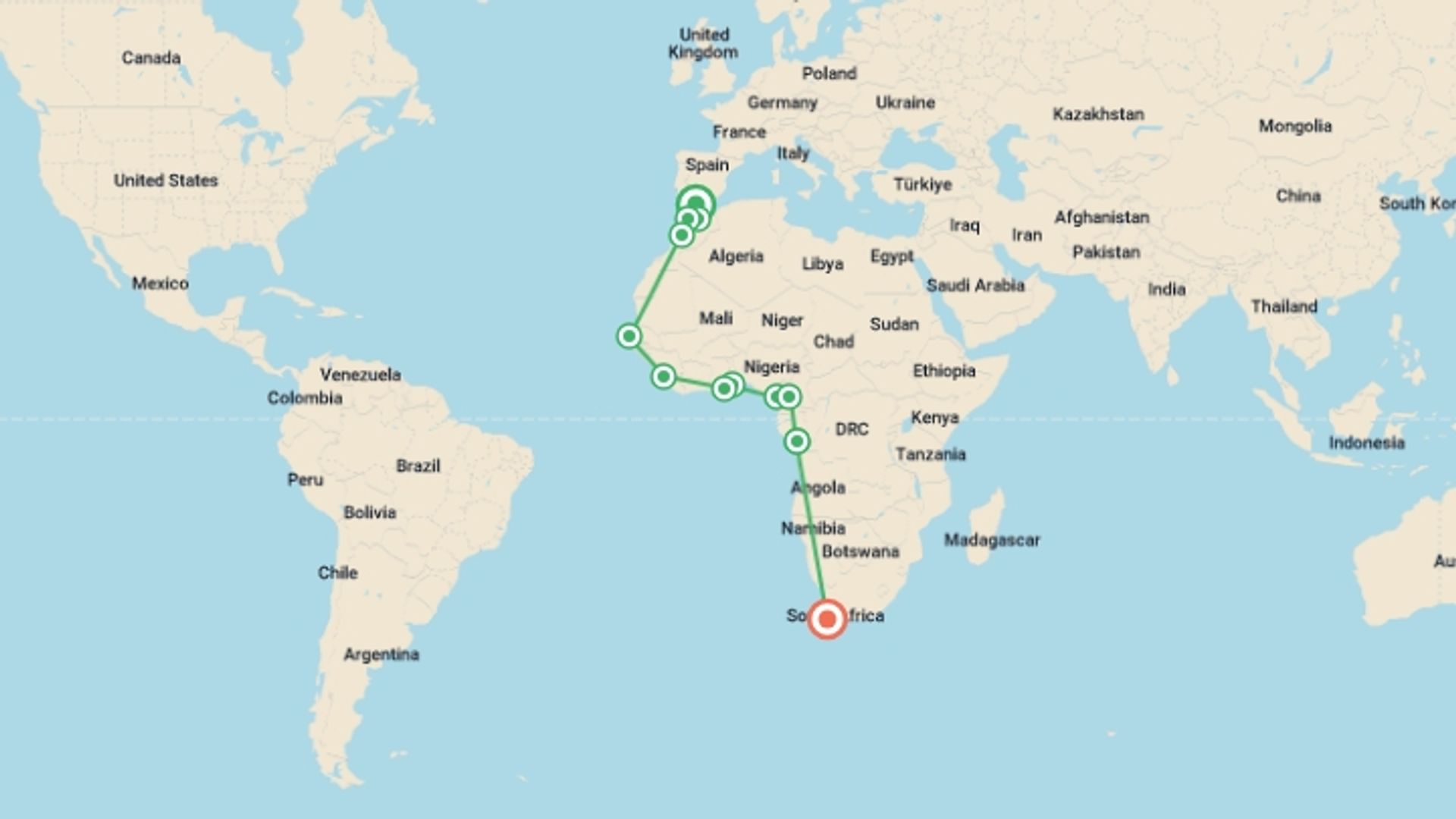 A map showing the tour itinerary for the trip: FES TO CAPE TOWN (23 WEEKS) TRANS AFRICA, starting in Gibraltar, Spain and ending in Cape Town, South Africa going through 15 other destinations.