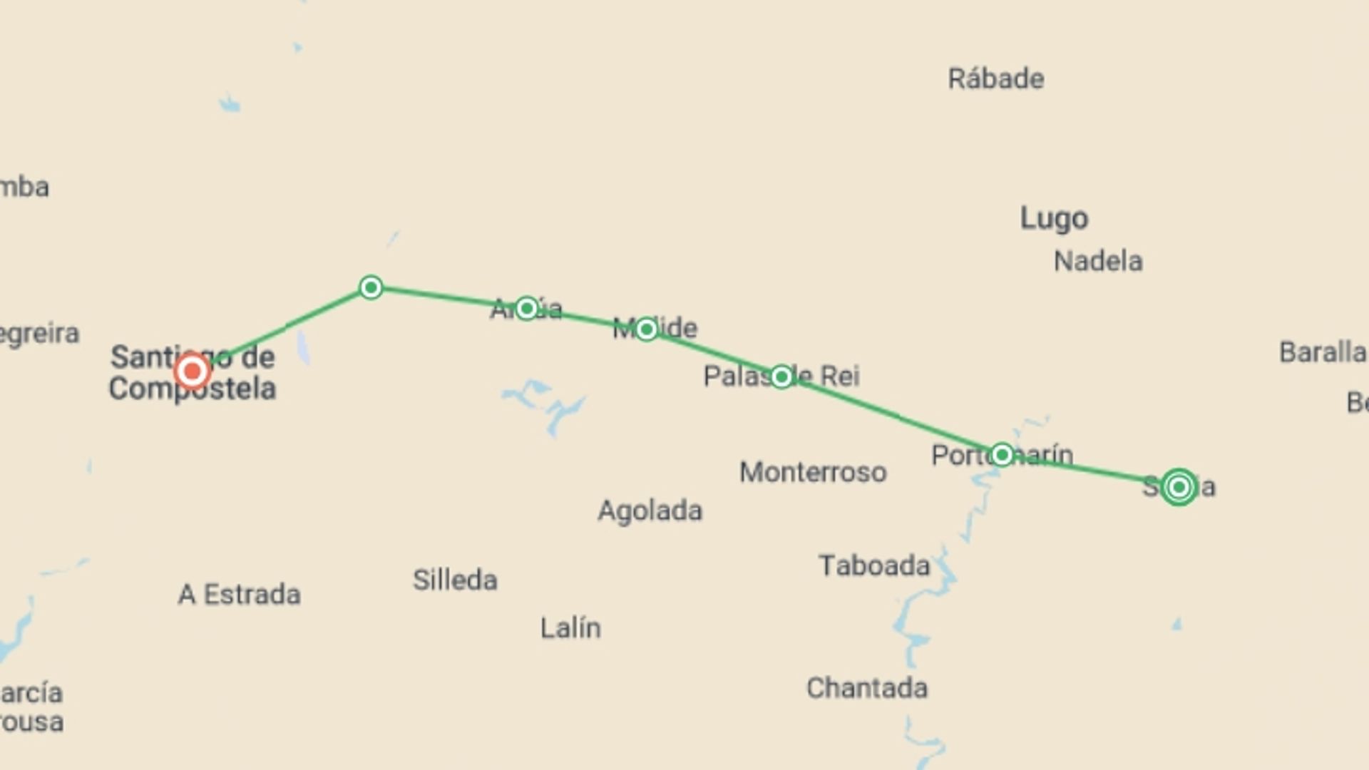 A map showing the tour itinerary for the trip: Camino - Sarria to Santiago Plus, starting in Sarria, Spain and ending in Santiago De Compostela, Spain going through 5 other destinations.