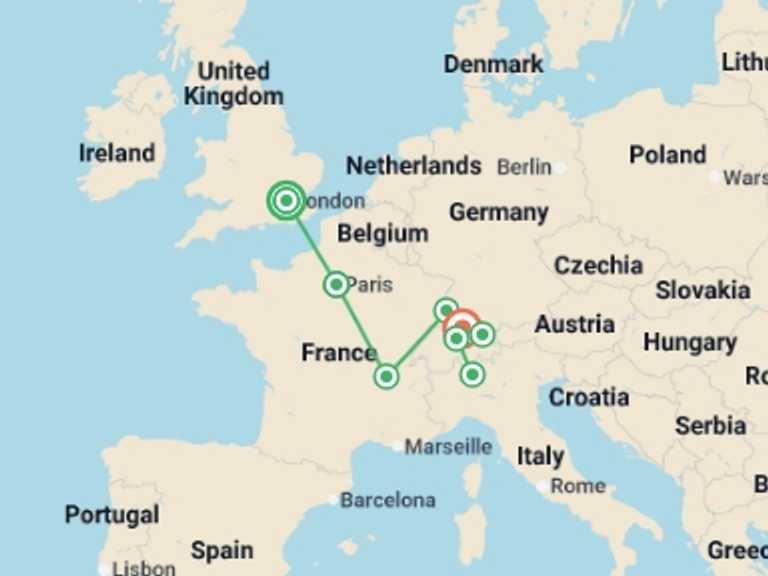 Map itinerary of London Tour in Summer with 8 destination visits for the trip: London to Zurich