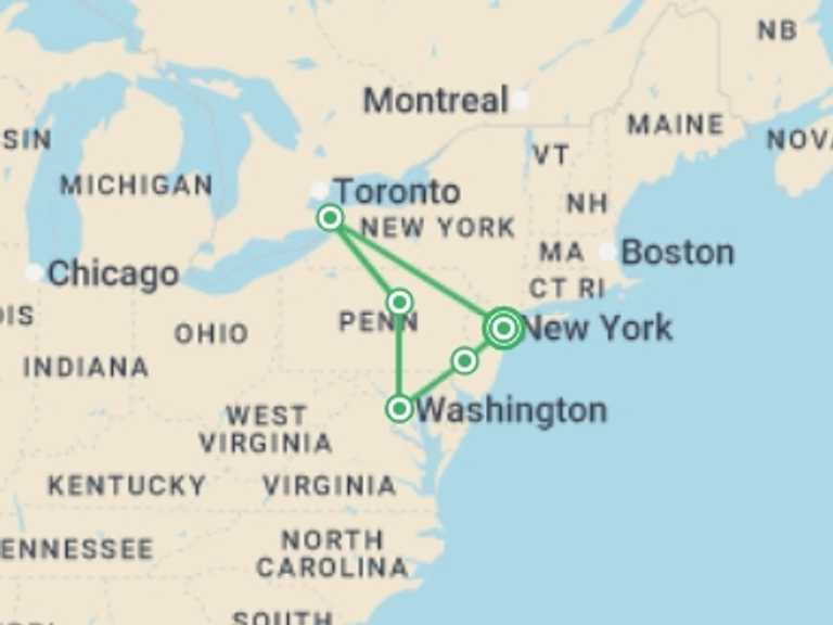 Map of North America Tour with 5 destination visits for the trip: Eastern US Cities, Niagara Falls & Gettysburg - 8 days