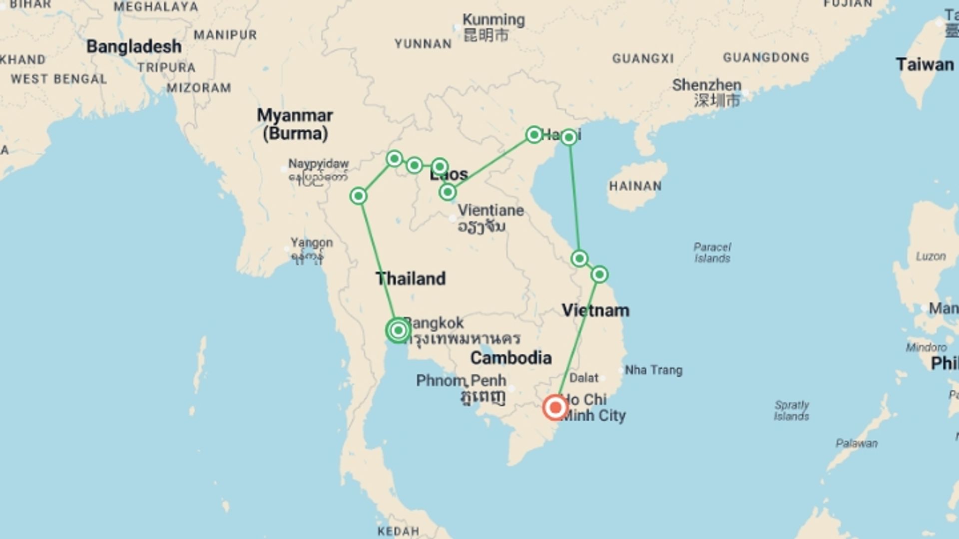 A map showing the tour itinerary for the trip: Thailand, Laos & Vietnam Adventure, starting in Bangkok, Thailand and ending in Ho Chi Minh City, Vietnam going through 9 other destinations.