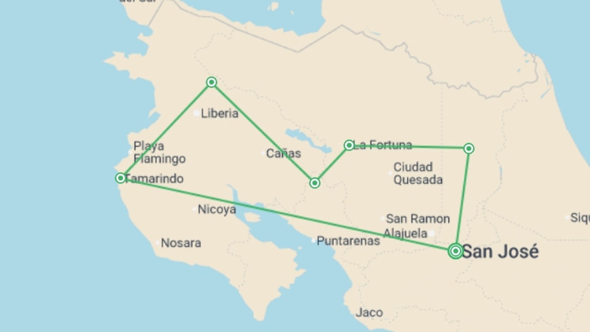 A map showing the tour itinerary for the trip: Self Drive Costa Rica - 14 days, starting in San Jose, Costa Rica and ending in San Jose, Costa Rica going through 5 other destinations.