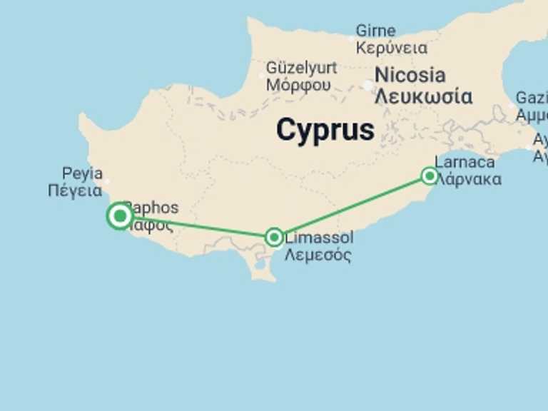 Map itinerary of Cyprus Tour in September 2025 with 2 destination visits for the trip: Highlights Of Cyprus