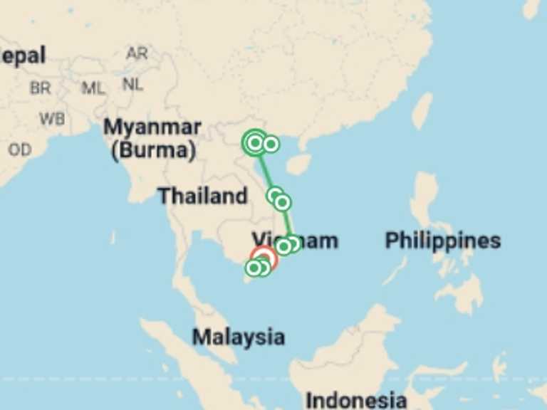 Map itinerary of Hanoi Tour in September 2026 with 8 destination visits for the trip: Vietnam Explorer 15D/14N (from Hanoi)