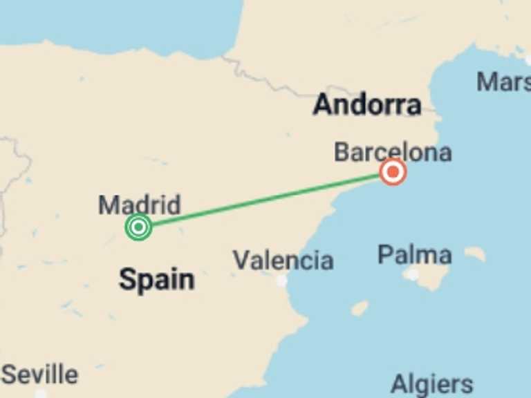 Map itinerary of Spain Tour in February 2026 with 2 destination visits for the trip: Madrid and Barcelona