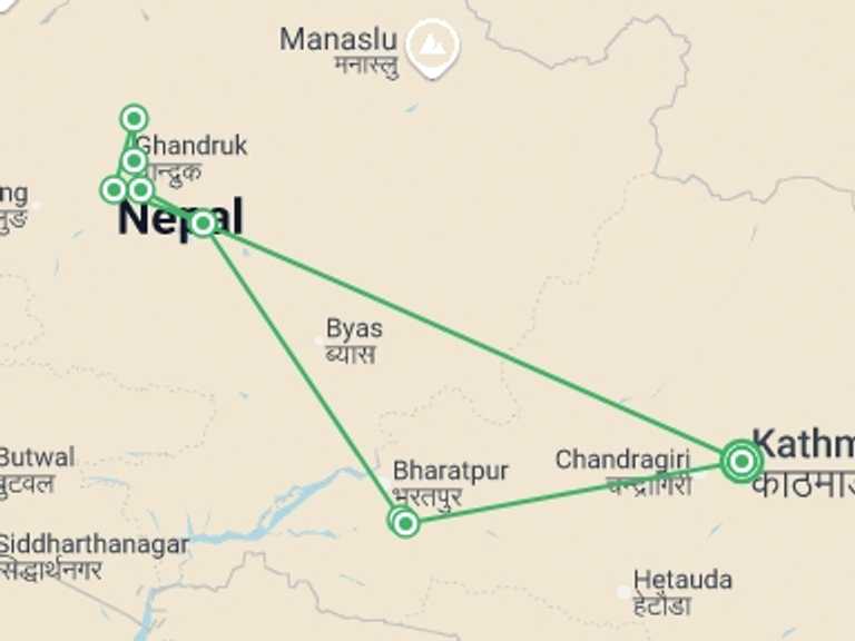 Map itinerary of Kathmandu Tour in Winter with 7 destination visits for the trip: Annapurna Family Adventure in Comfort