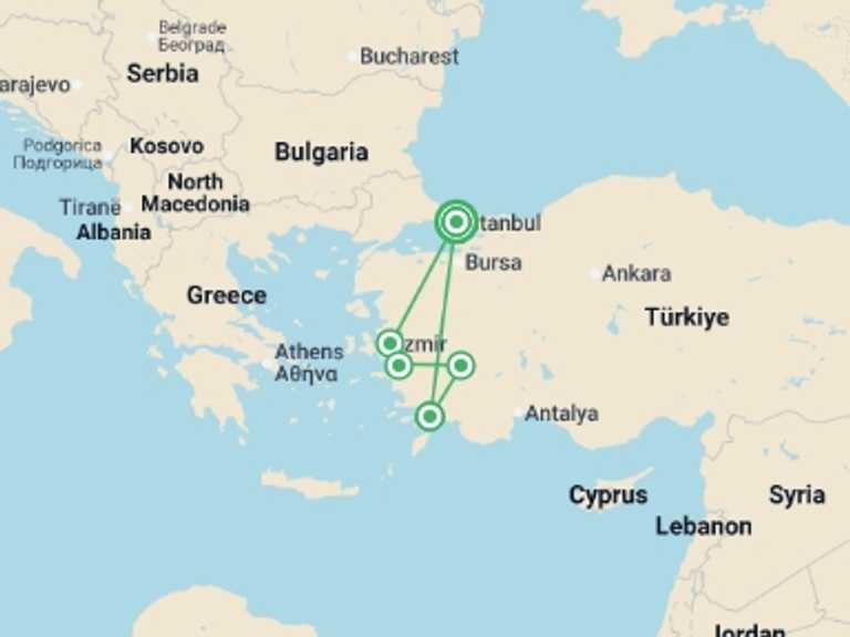 Map of Mediterranean Walking Tour with 5 destination visits for the trip: Jewel's Of Turkey&blue Escape - 10 Days