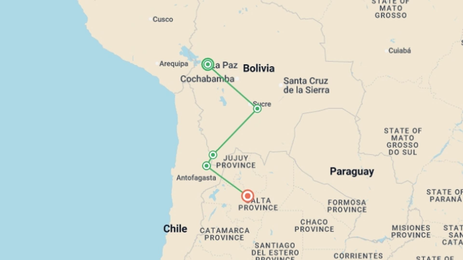 A map showing the tour itinerary for the trip: La Paz to Salta Travel Pass, starting in La Paz, Bolivia and ending in Salta, Argentina going through 3 other destinations.