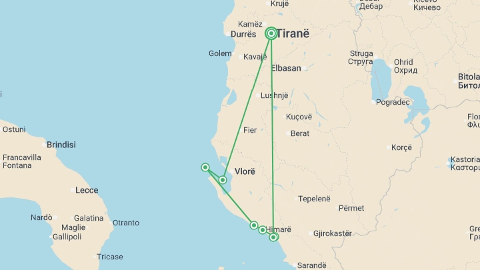 A map showing the tour itinerary for the trip: Walking Albania's Coastal Trails, starting in Tirana, Albania and ending in Tirana, Albania going through 6 other destinations.