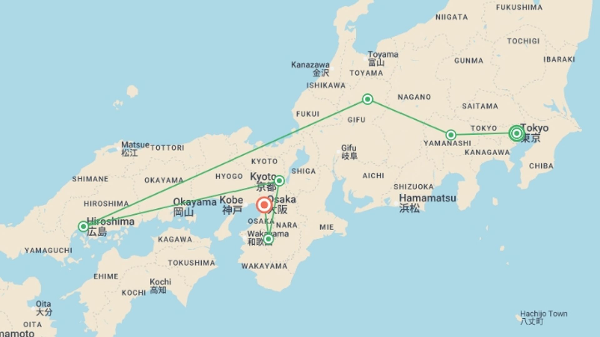 A map showing the tour itinerary for the trip: Japan Unrivalled 35 to 45, starting in Tokyo, Japan and ending in Osaka, Japan going through 5 other destinations.