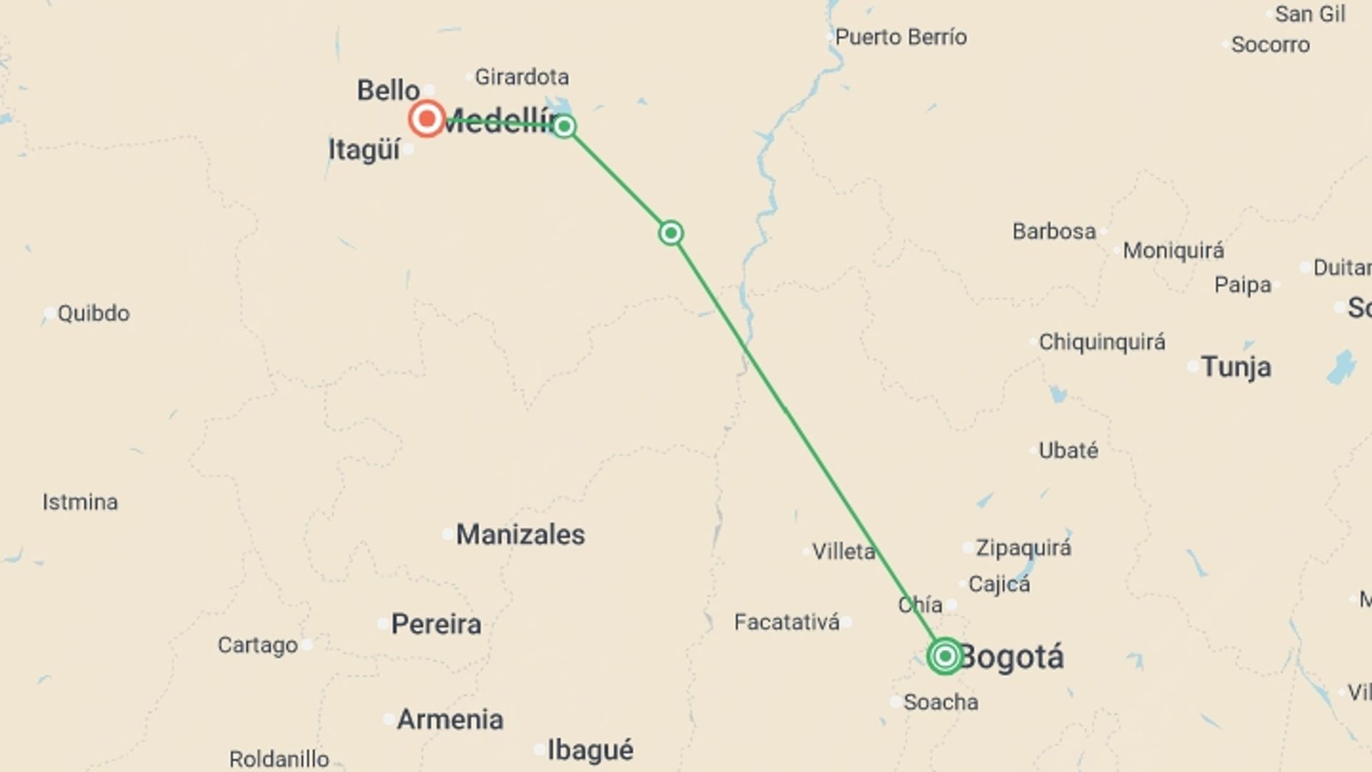A map showing the tour itinerary for the trip: Essential Colombia, starting in Bogota, Colombia and ending in Medellin, Colombia going through 2 other destinations.