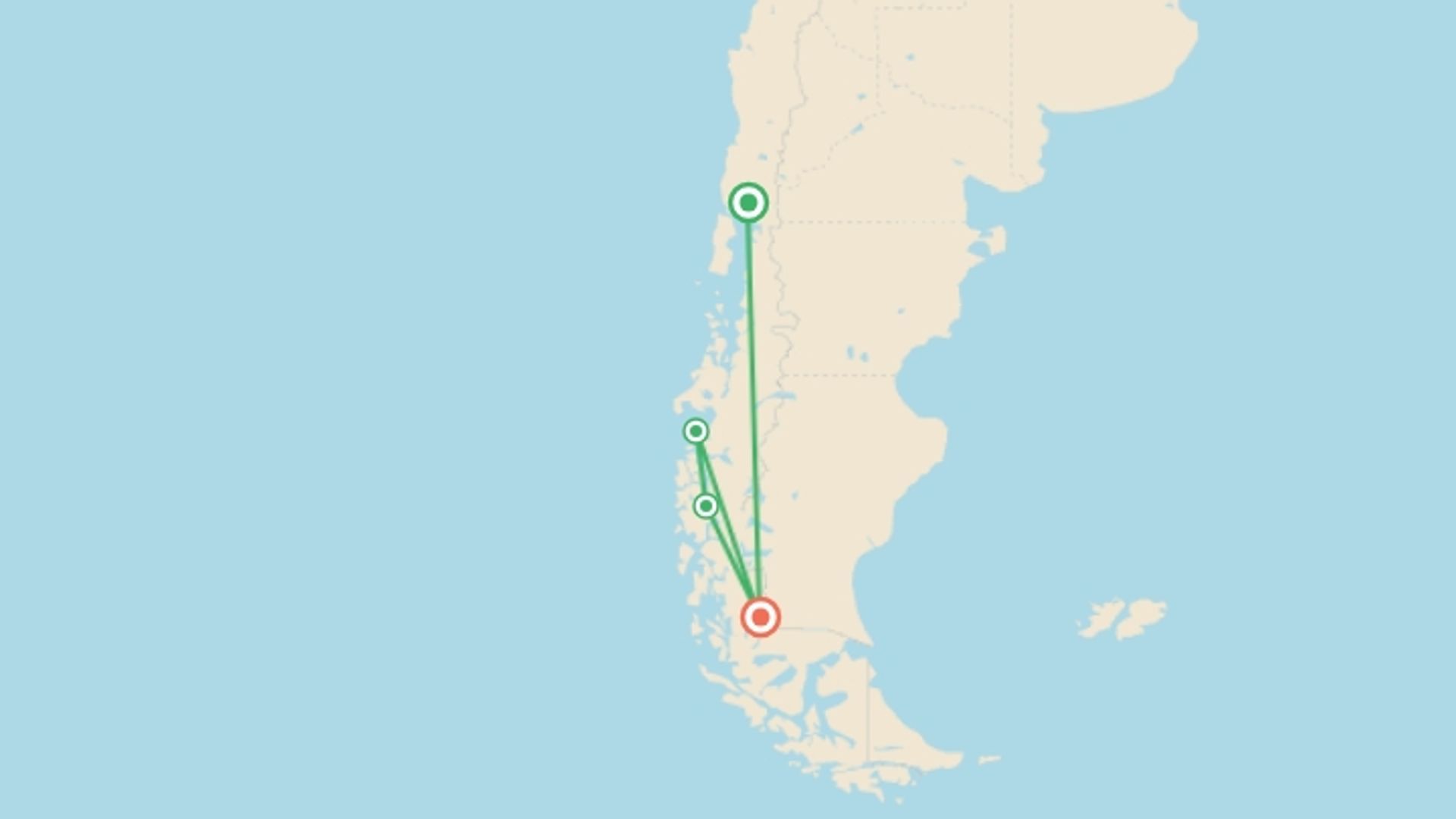 A map showing the tour itinerary for the trip: Patagonia Fjords Cargo Boat 4D/3N (from Puerto Montt), starting in Puerto Montt, Chile and ending in Patagonia, Chile going through 3 other destinations.
