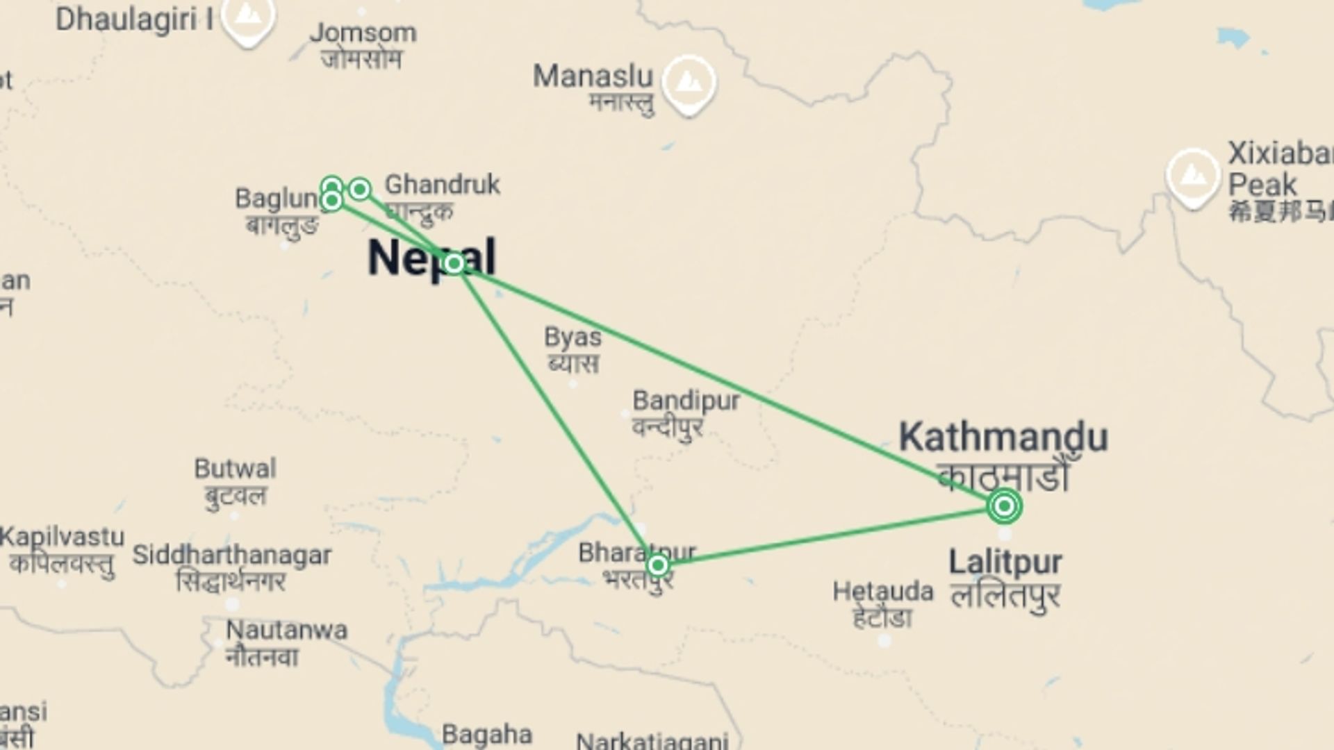 A map showing the tour itinerary for the trip: Nepal Highlight Adventure (Trek, Tour & Safari), starting in Kathmandu, Nepal and ending in Kathmandu, Nepal going through 6 other destinations.