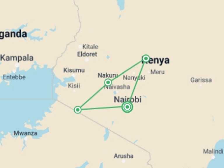 Map of 6-Day Kenya Tour with 5 destination visits for the trip: 6 Days Express Kenya Safari