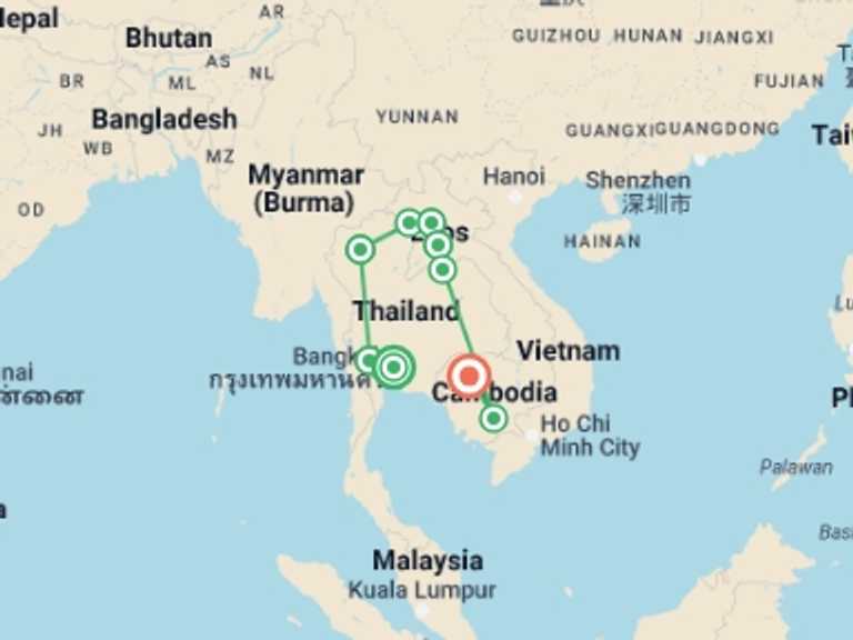 Map of Bangkok Active and outdoor Tour with 9 destination visits for the trip: Thailand, Laos and Cambodia Adventure