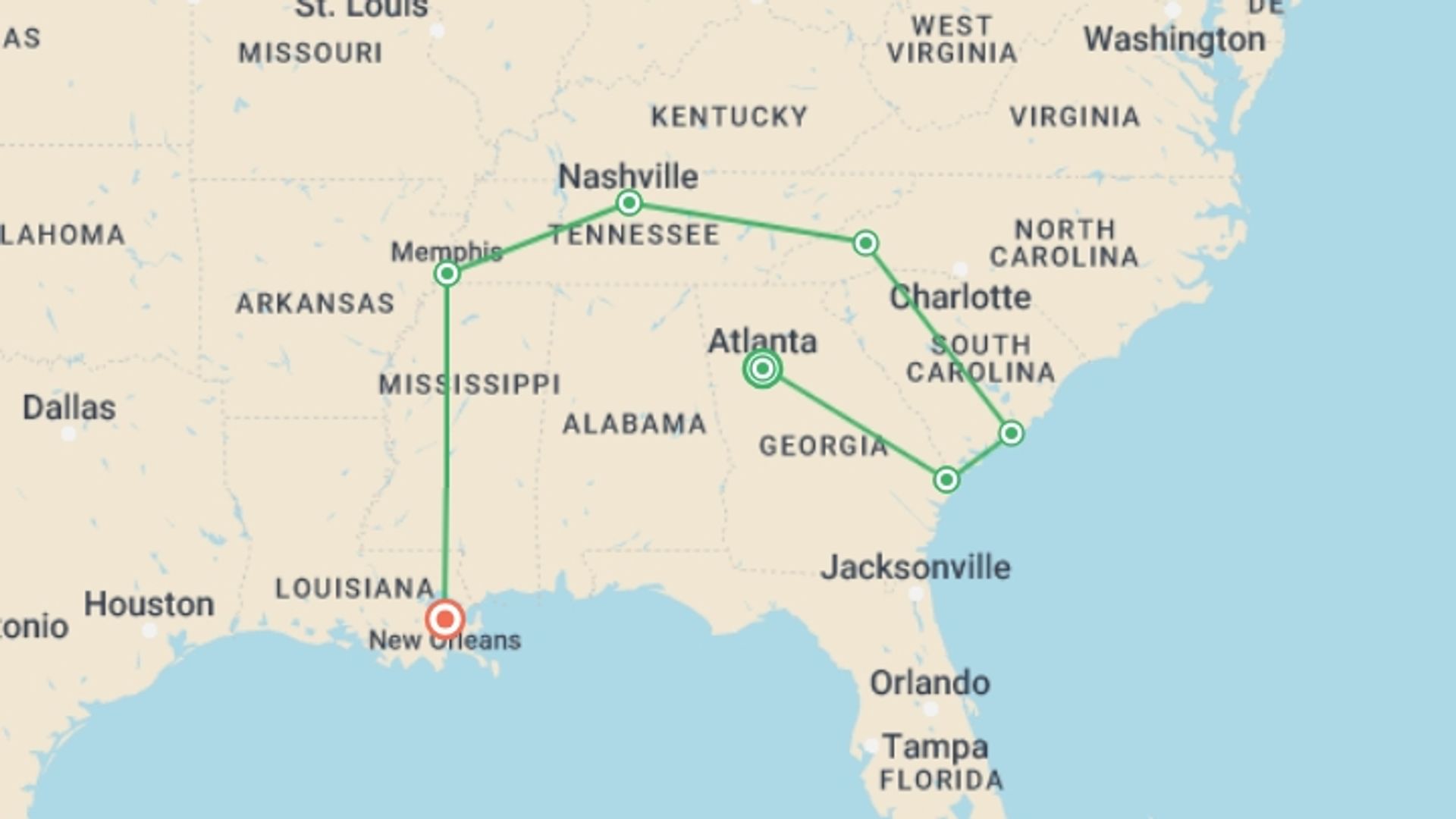 A map showing the tour itinerary for the trip: Best of the South: Atlanta to New Orleans, starting in Atlanta, USA and ending in New Orleans, USA going through 5 other destinations.