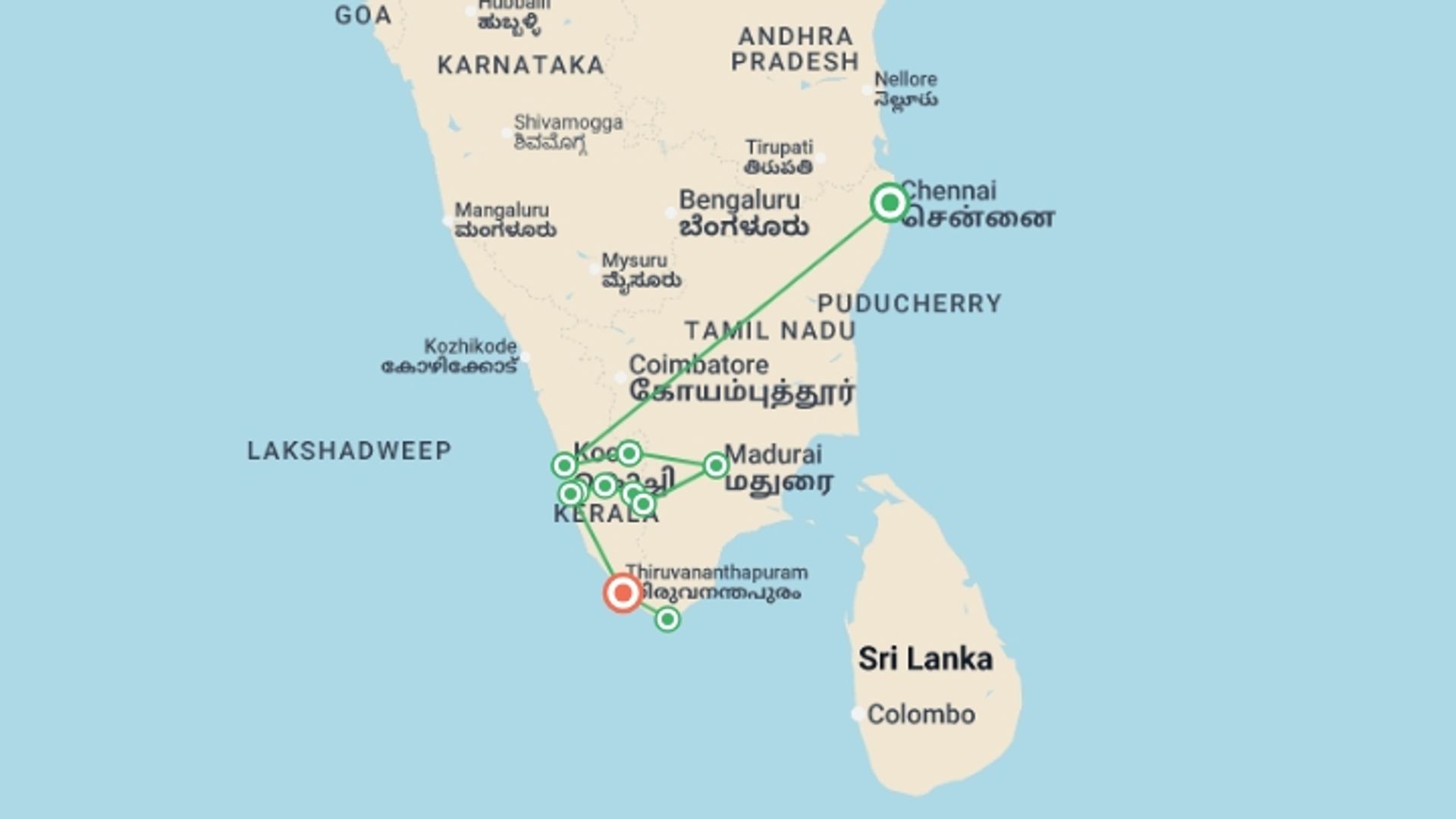 A map showing the tour itinerary for the trip: Kerala & the Tropical South, starting in Chennai, India and ending in Kovalam, India going through 9 other destinations.