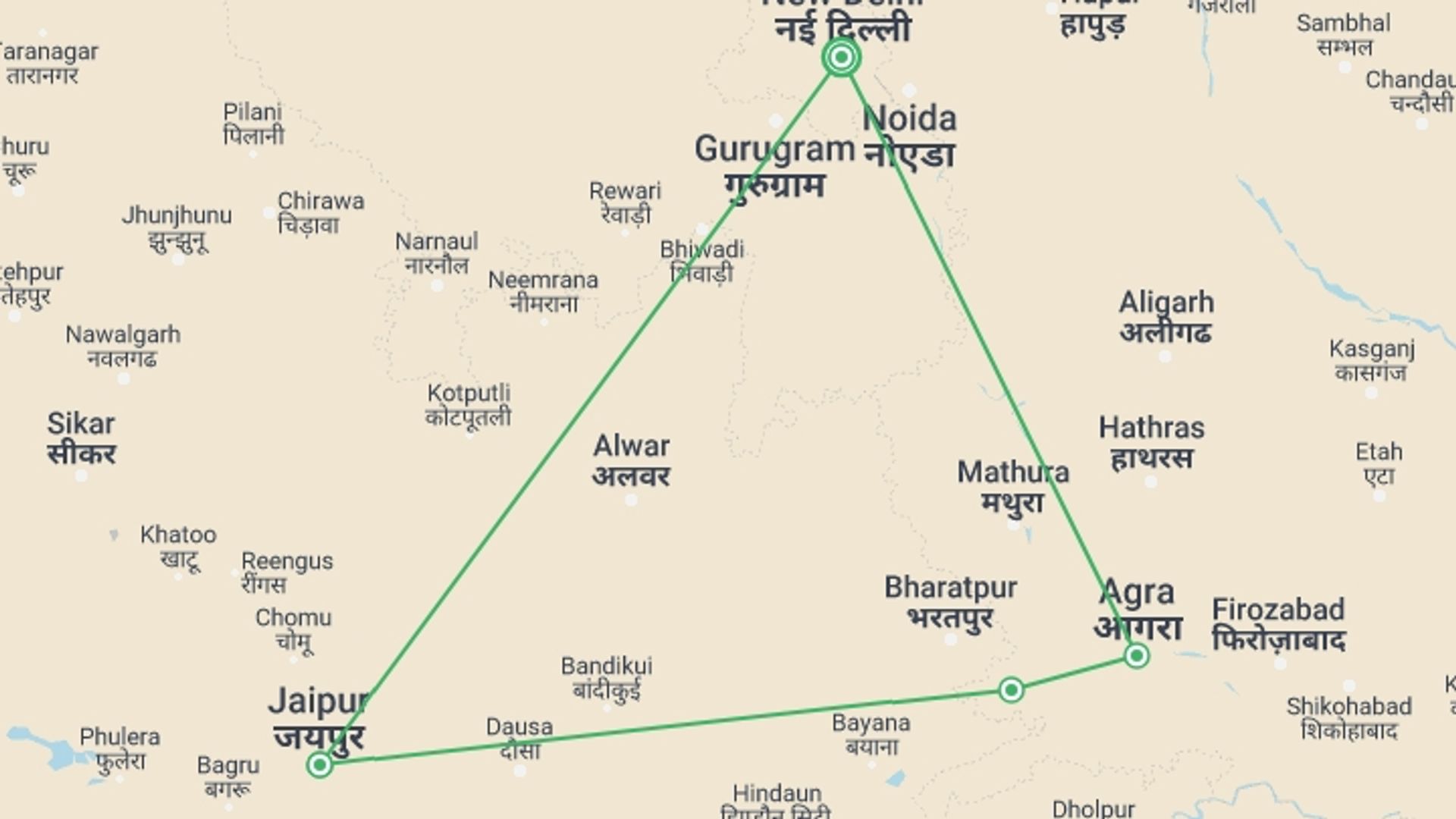 A map showing the tour itinerary for the trip: 5 Days Golden Triangle: Delhi, Agra, and Jaipur , starting in New Delhi, India and ending in New Delhi, India going through 3 other destinations.
