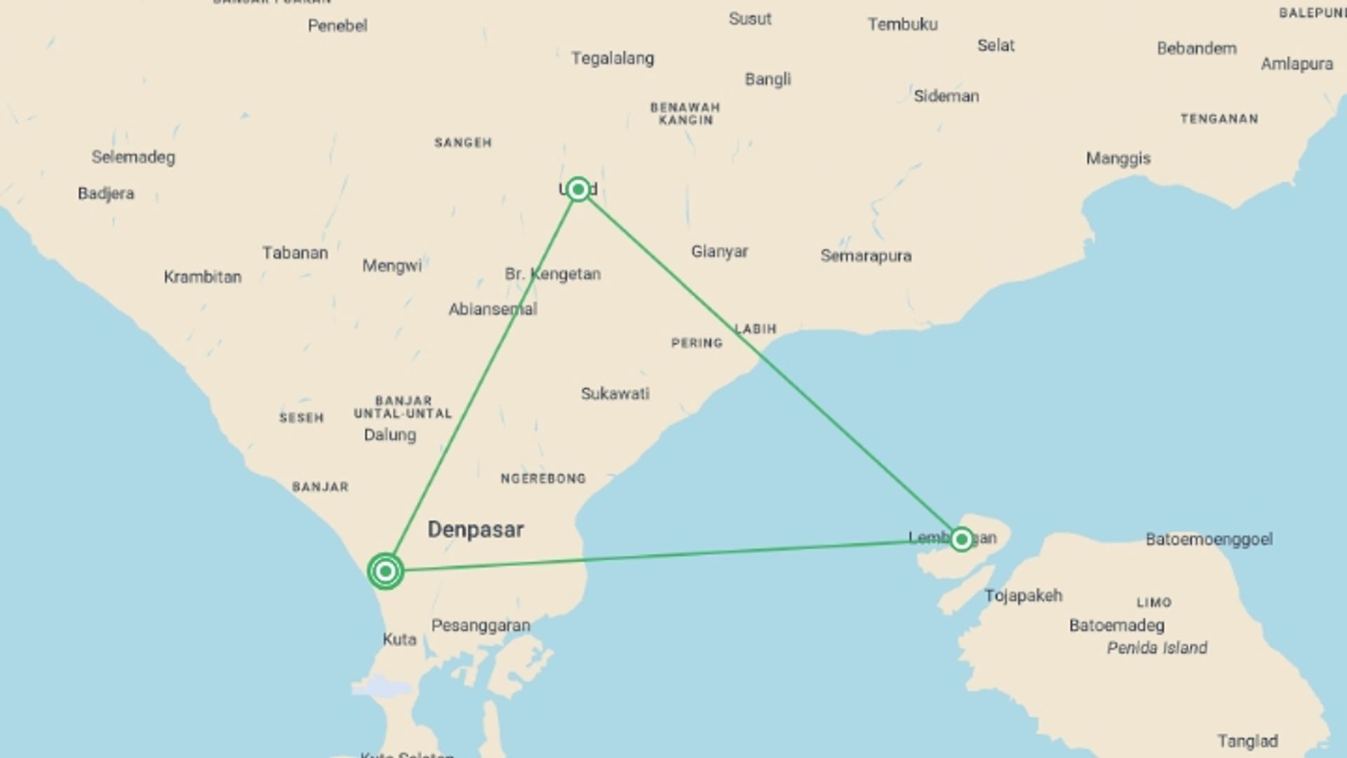 A map showing the tour itinerary for the trip: Bali Bliss, starting in Seminyak , Indonesia and ending in Seminyak , Indonesia going through 4 other destinations.