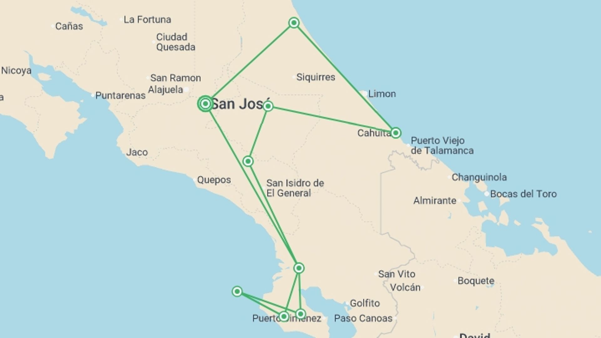 A map showing the tour itinerary for the trip: Costa Rica's Coastal Secrets, starting in San Jose, Costa Rica and ending in San Jose, Costa Rica going through 7 other destinations.