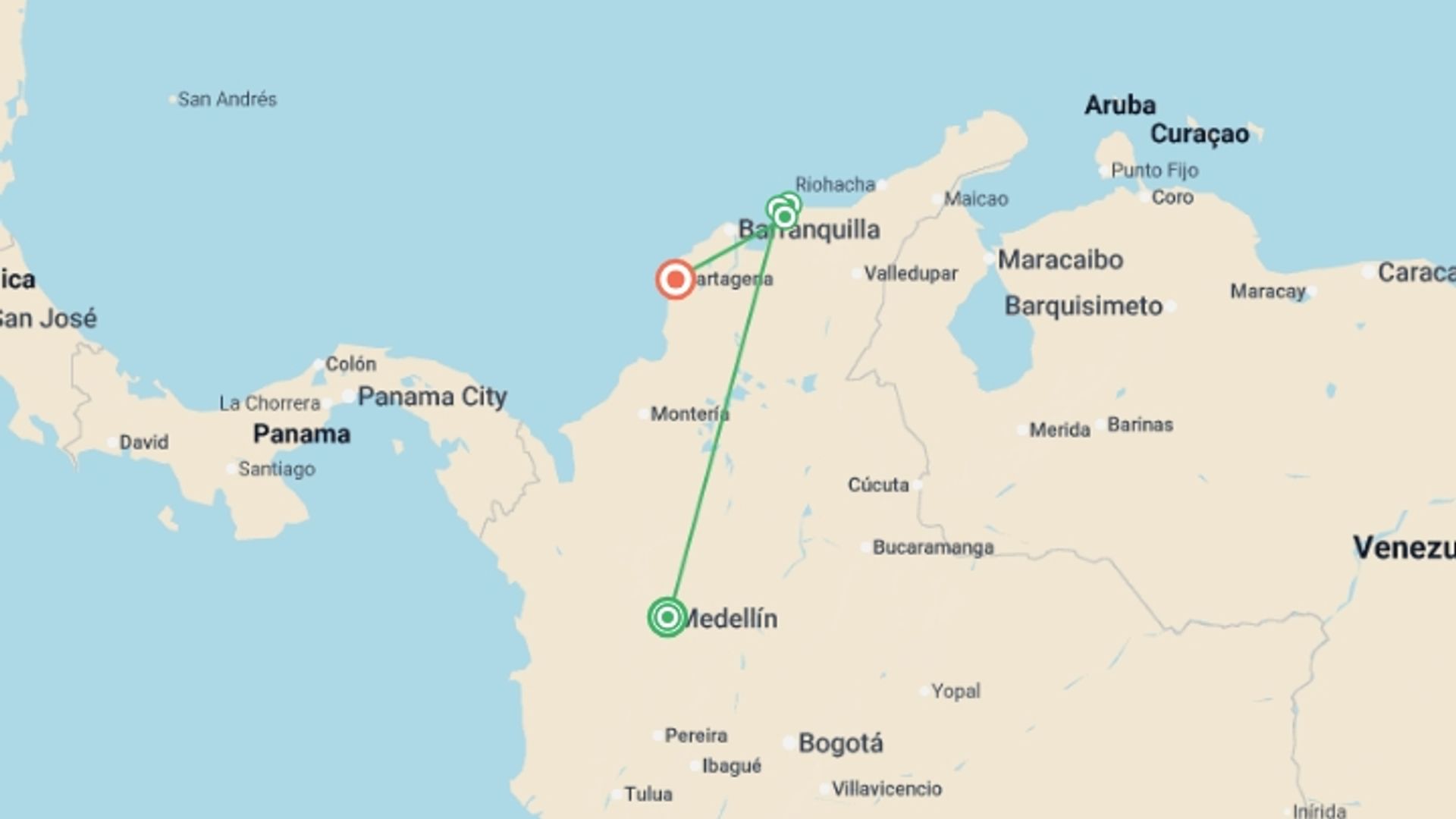 A map showing the tour itinerary for the trip: Essential Colombia, starting in Medellin, Colombia and ending in Cartagena, Colombia going through 3 other destinations.