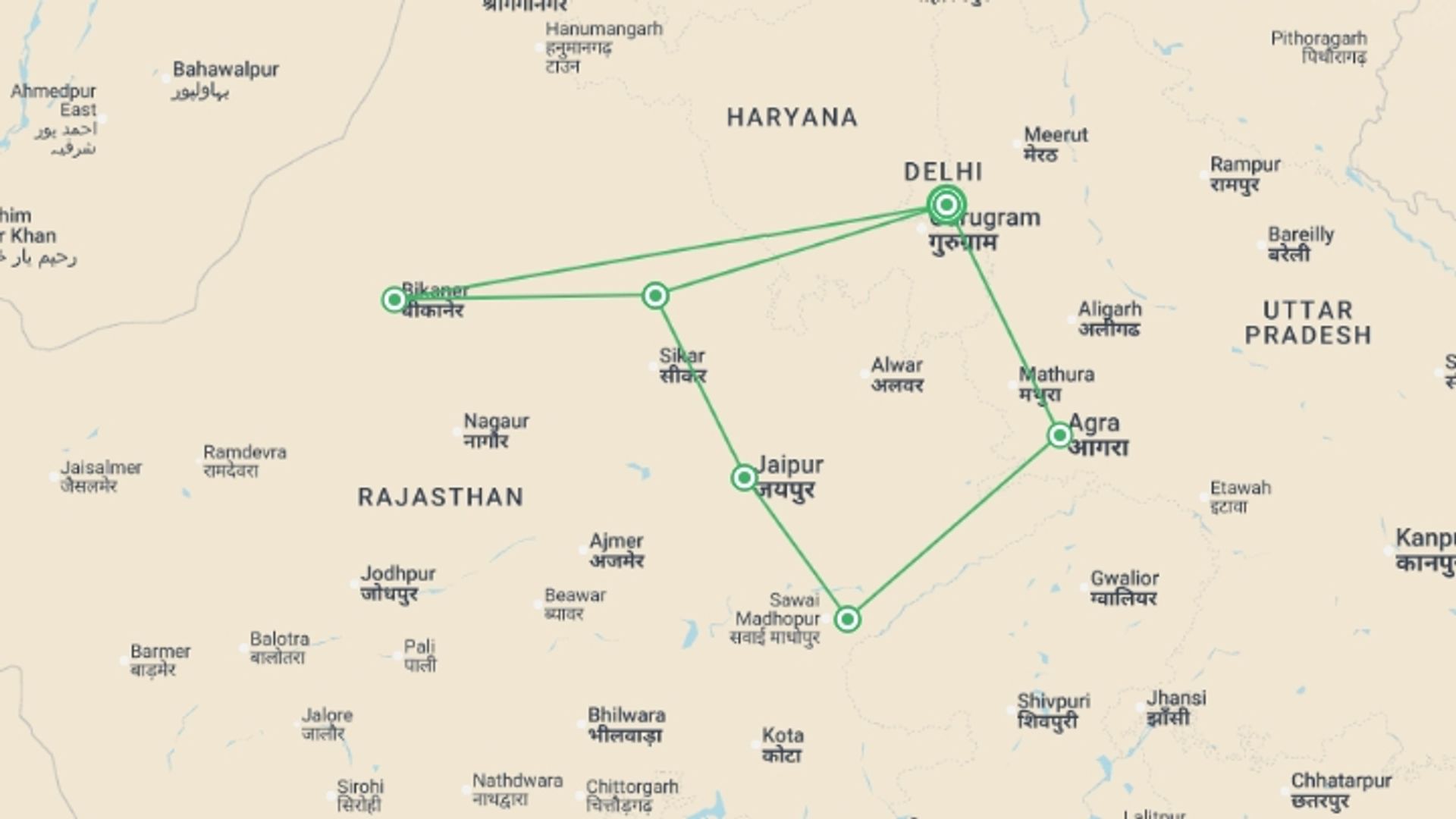 A map showing the tour itinerary for the trip: Northern India Family Holiday Comfort, starting in New Delhi, India and ending in New Delhi, India going through 5 other destinations.