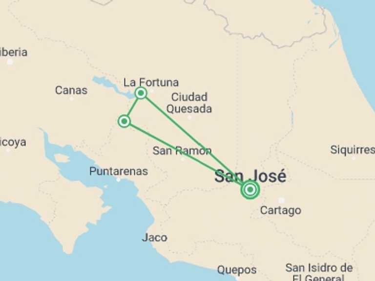 Map of a Wildlife safaris and game drives Tour with 4 destination visits for the trip: Arenal Volcano & Monteverde Cloud Forest