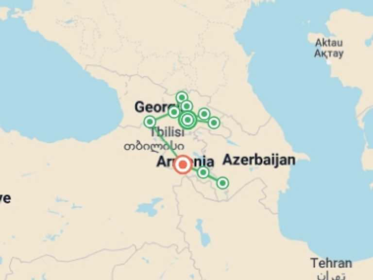 Map of a Overland Journeys Tour with 7 destination visits for the trip: Highlights of the Caucasus
