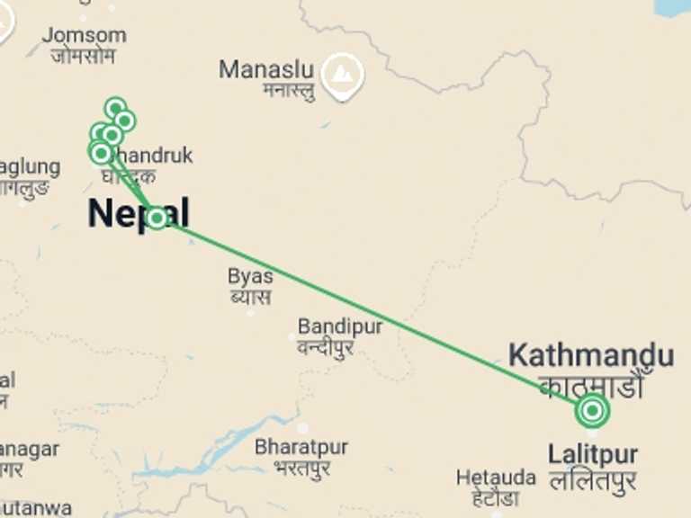 Map of Pokhara Trekking and Hiking Tour with 9 destination visits for the trip: Annapurna Base Camp Trek via Poon Hill