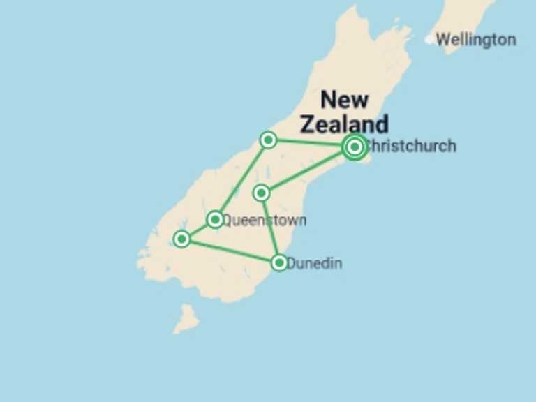 Map of New Zealand Tour with 6 destination visits for the trip: Southern Spotlight