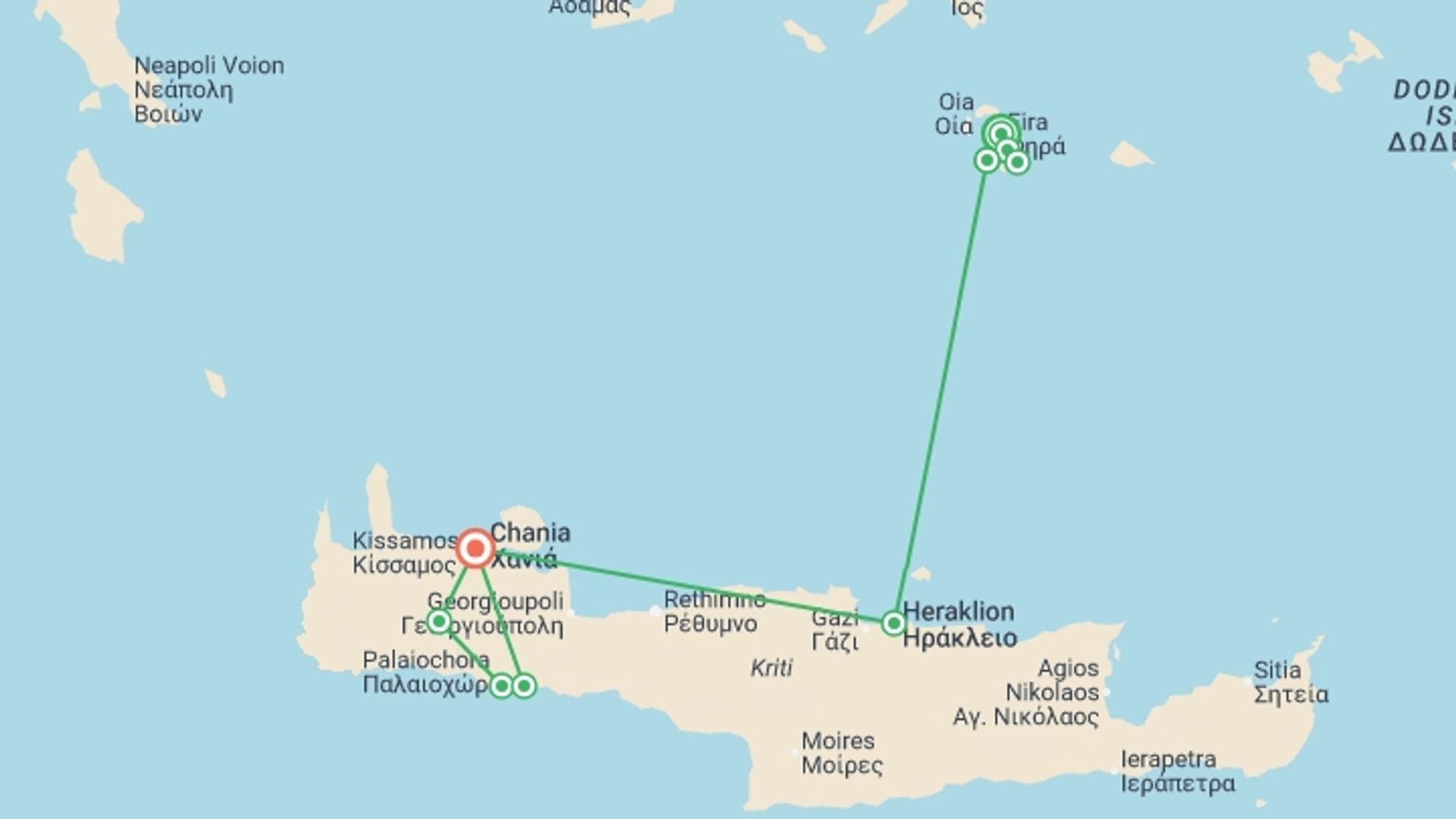 A map showing the tour itinerary for the trip: Santorini and Crete Walk, starting in Santorini, Greece and ending in Chania, Greece going through 5 other destinations.