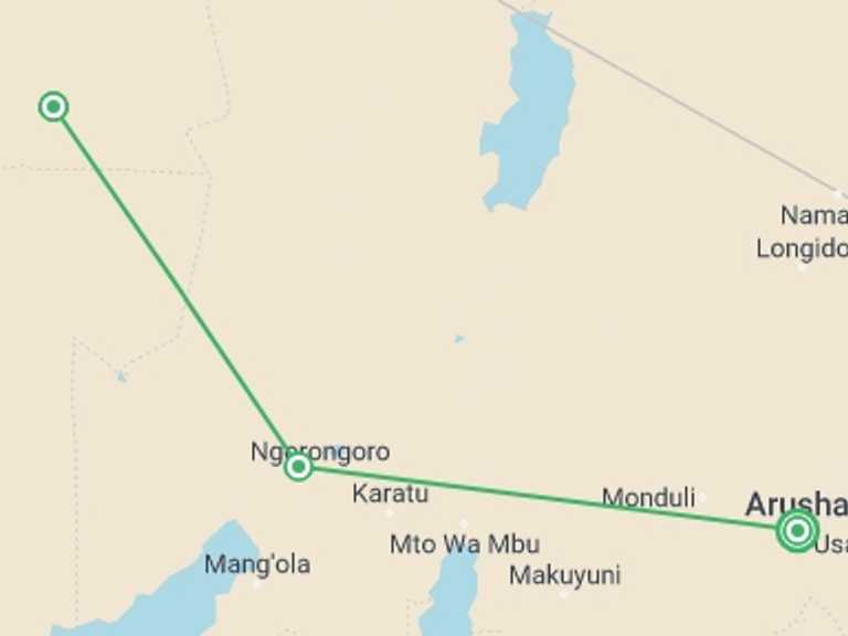 Map of 8-Day Ngorongoro Crater Tour with 6 destination visits for the trip: 7-day Serengeti Great Migration Safari