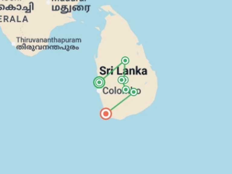 Map of a Farm and plantation visits Tour with 7 destination visits for the trip: Sri Lanka: Spice Gardens & Seasides
