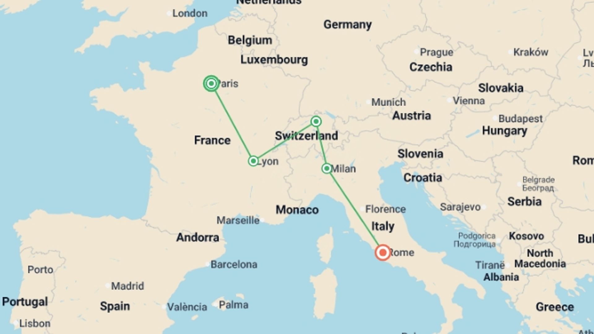 A map showing the tour itinerary for the trip: Joyful Treasures GO, starting in Paris, France and ending in Rome, Italy going through 3 other destinations.