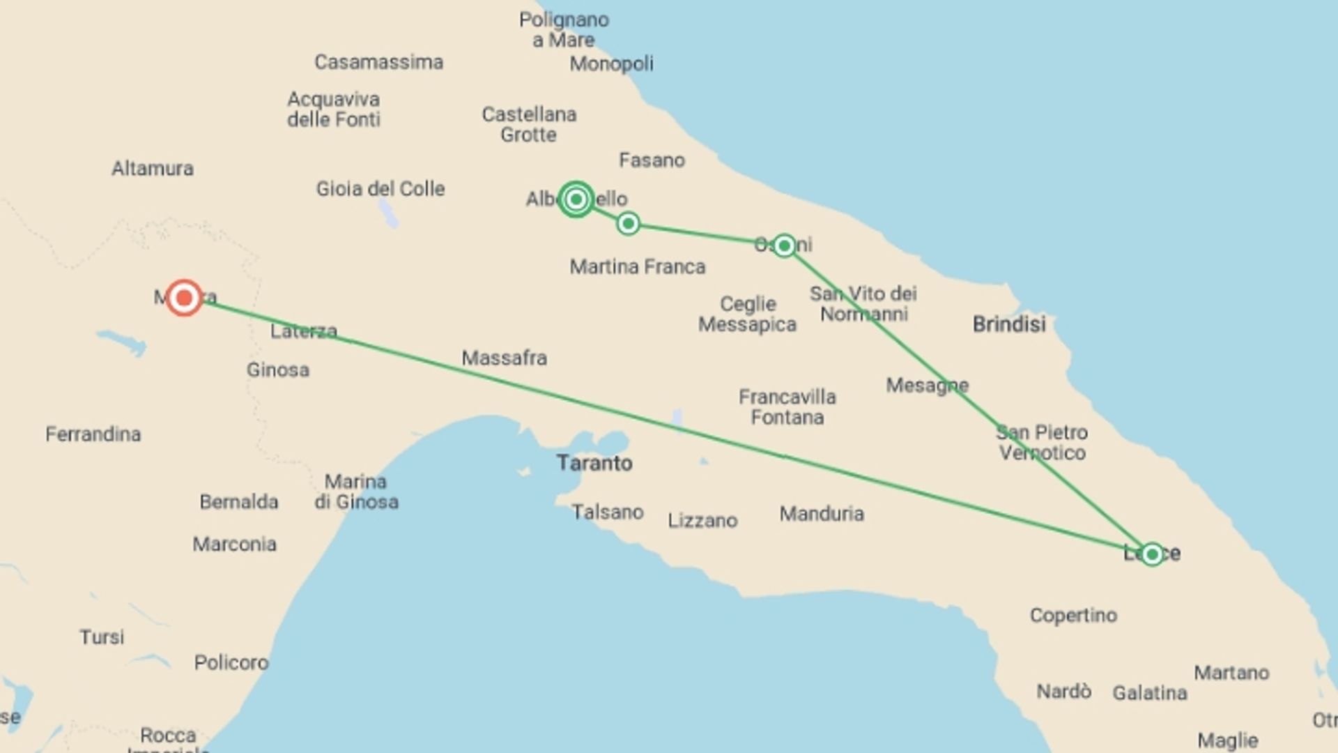 A map showing the tour itinerary for the trip: Walking in Puglia & Matera, starting in Alberobello, Italy and ending in Matera, Italy going through 3 other destinations.