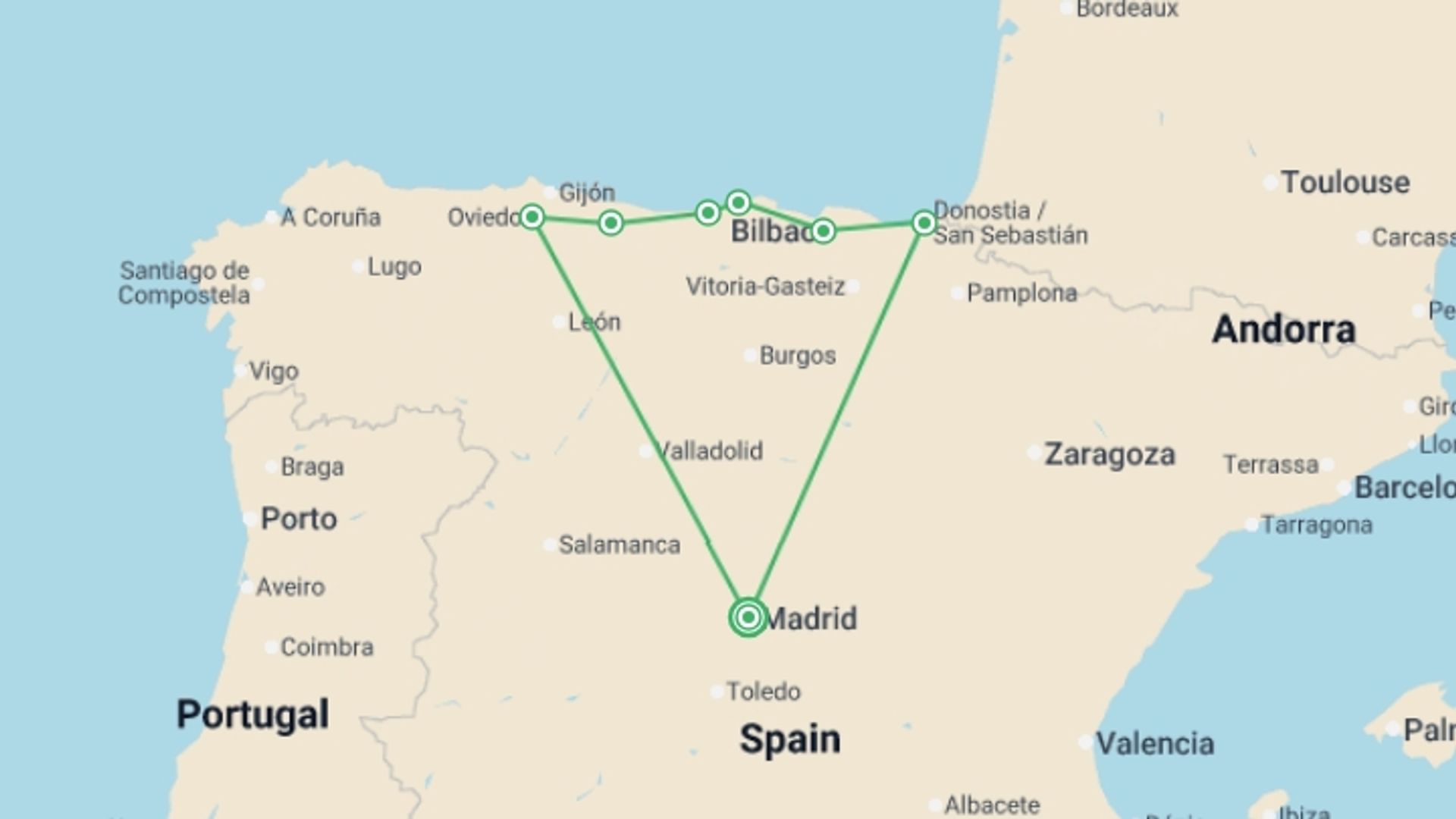 A map showing the tour itinerary for the trip: 4-day Guided Tour Basque Country And Oviedo From Madrid, starting in Zaragoza, Spain and ending in Zaragoza, Spain going through 4 other destinations.