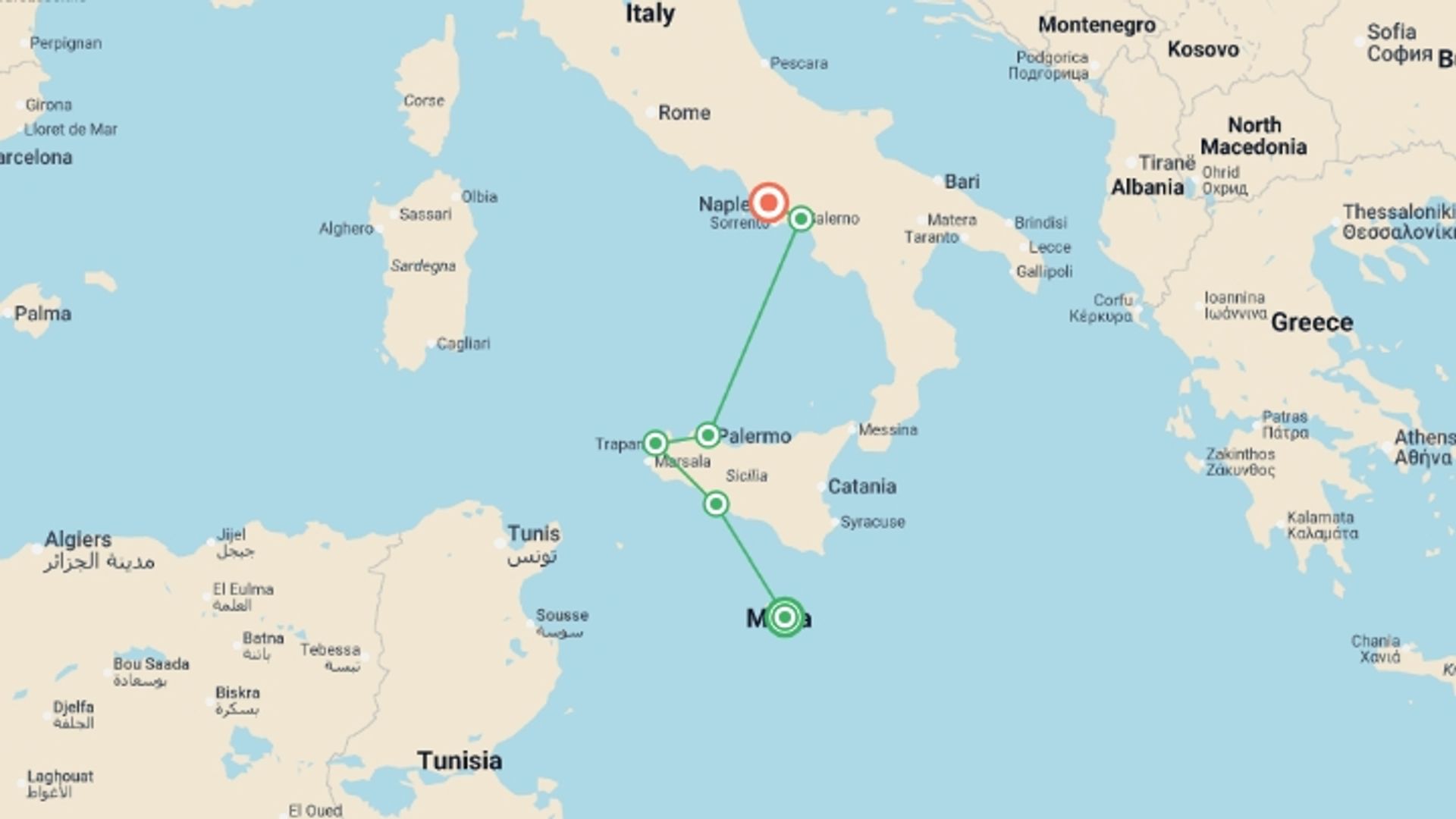 A map showing the tour itinerary for the trip: The Best Spots in Sicily and Southern Italy (port-to-port cruise), starting in Valletta, Malta and ending in Naples, Italy going through 3 other destinations.