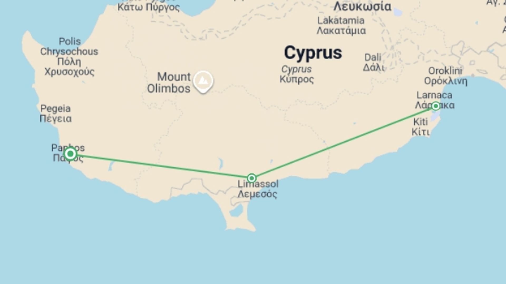 A map showing the tour itinerary for the trip: Highlights Of Cyprus, starting in Paphos, Cyprus and ending in Paphos, Cyprus going through 1 other destinations.