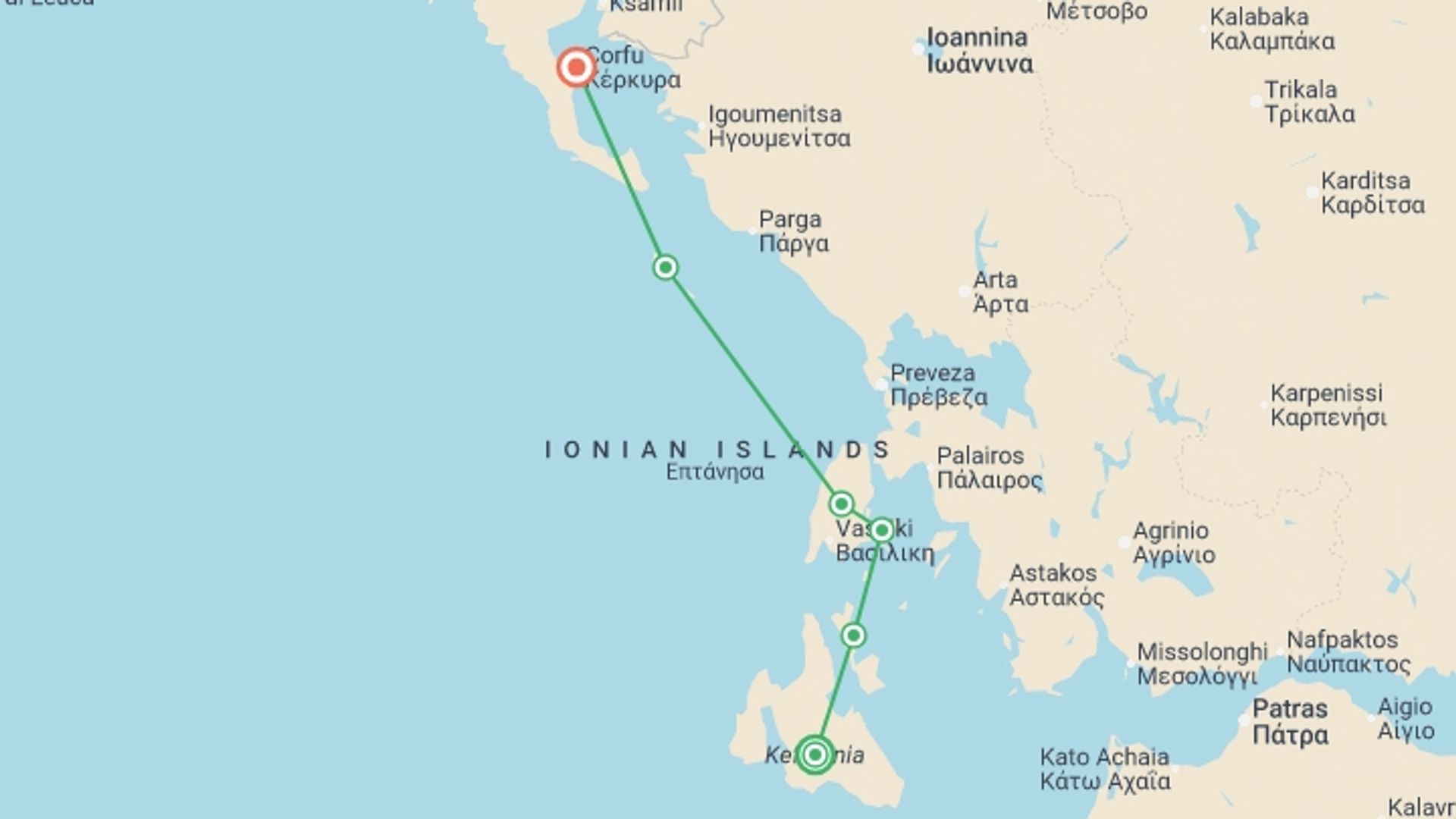 A map showing the tour itinerary for the trip: Greece Sailing Adventure: Kefalonia to Corfu, starting in Kefalonia, Greece and ending in Corfu, Greece going through 4 other destinations.