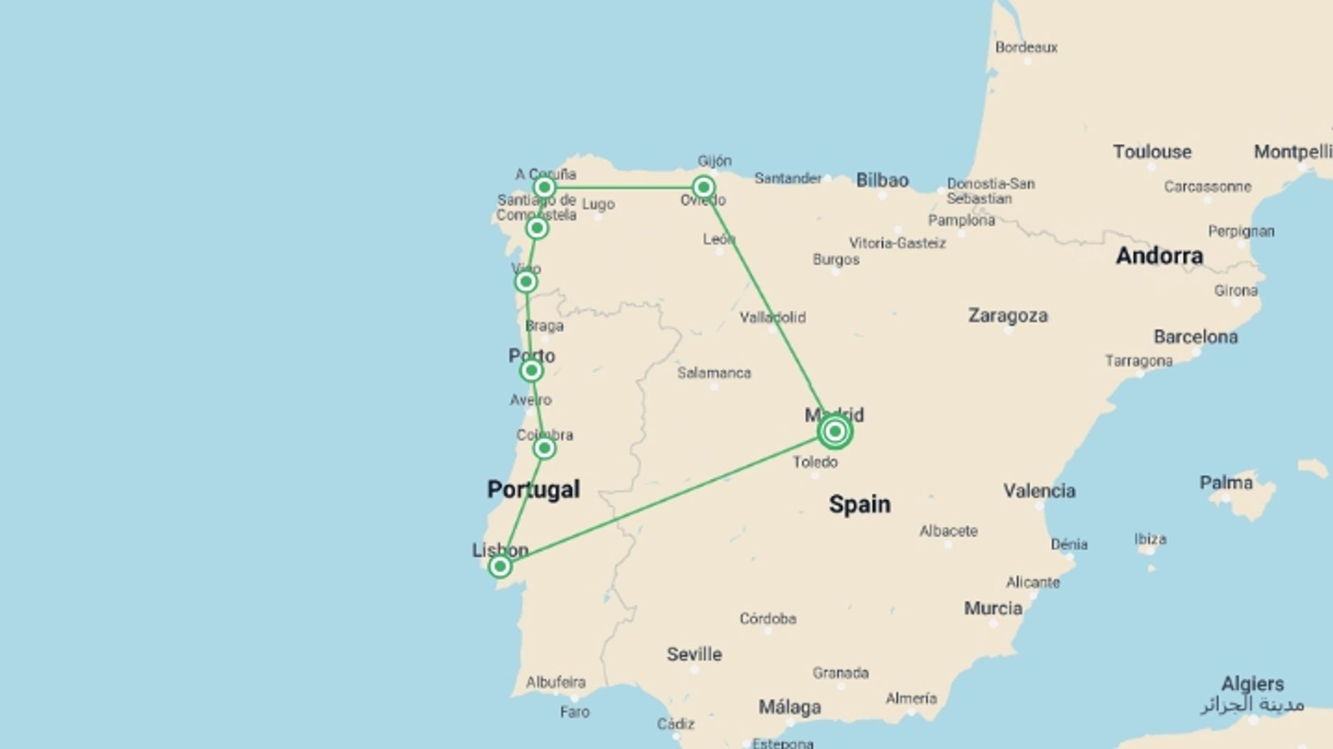 A map showing the tour itinerary for the trip: Galicia & Portugal 10 Days From Madrid, starting in Madrid, Spain and ending in Madrid, Spain going through 7 other destinations.