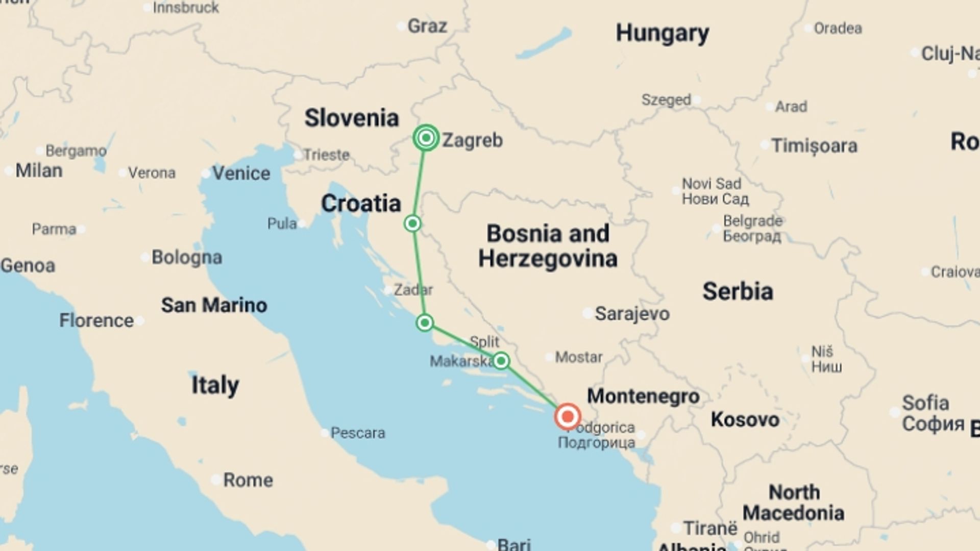 A map showing the tour itinerary for the trip: Croatia Adventure, starting in Zagreb, Croatia and ending in Dubrovnik, Croatia going through 4 other destinations.
