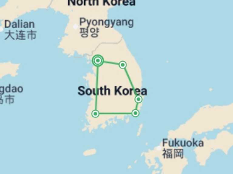 Map itinerary of Asia Tour in December 2026 with 5 destination visits for the trip: Golden Route Of Korea