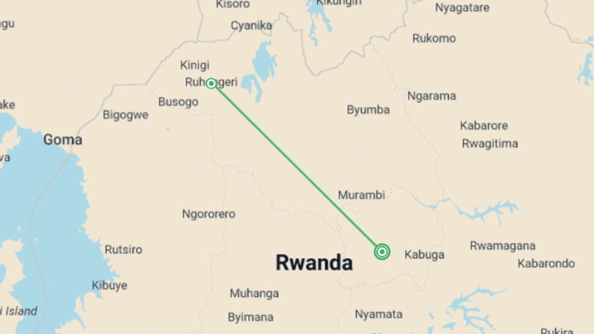 A map showing the tour itinerary for the trip: Gorillas Through The Mist - Tiloreza Volcanoes Eco-lodge (on Request), starting in Kigali, Rwanda and ending in Kigali, Rwanda going through 1 other destinations.