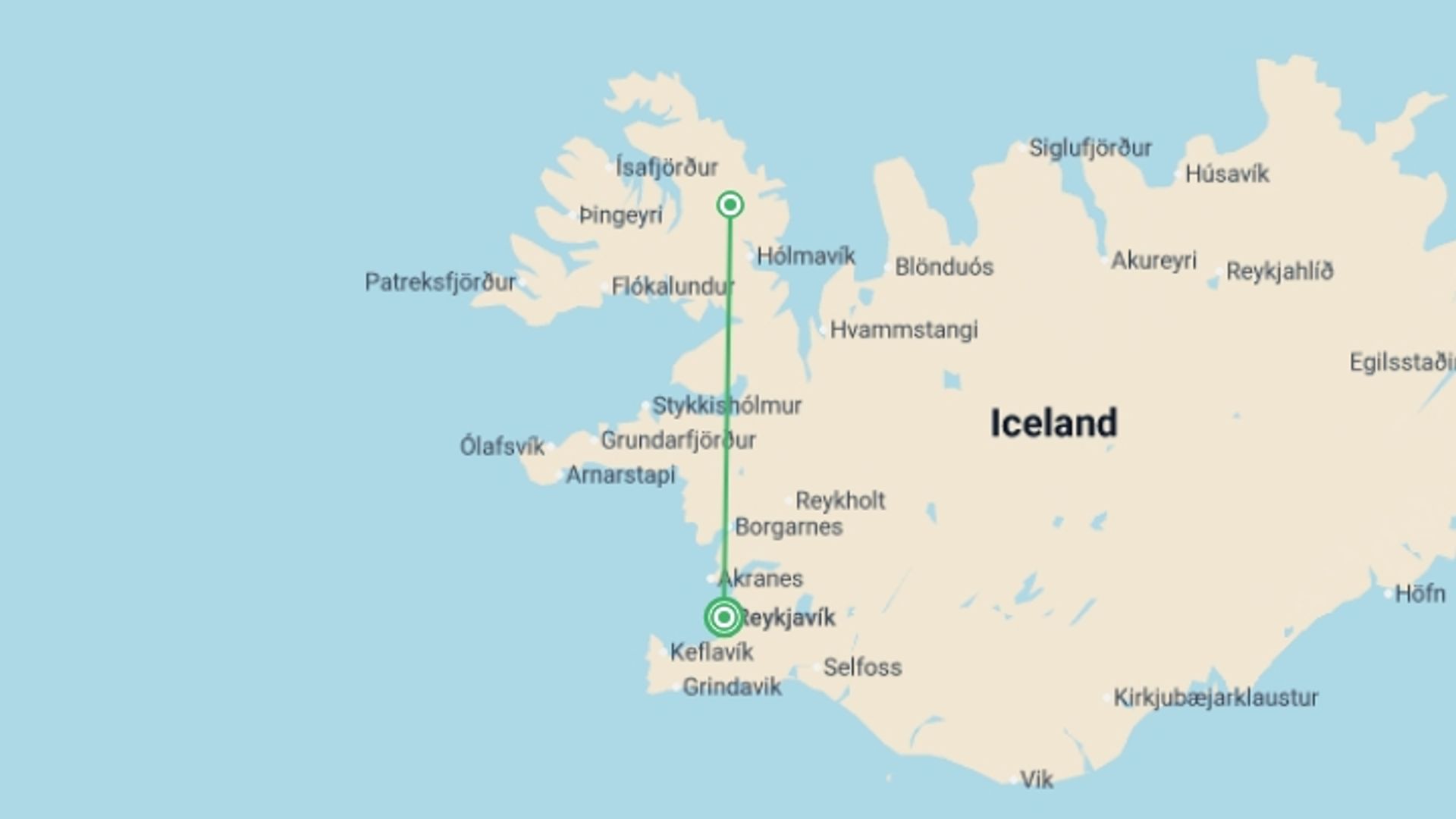 A map showing the tour itinerary for the trip: Iceland Circumnavigation: Mountains, Volcanoes and Waterfalls, starting in Reykjavik, Iceland and ending in Reykjavik, Iceland going through 1 other destinations.