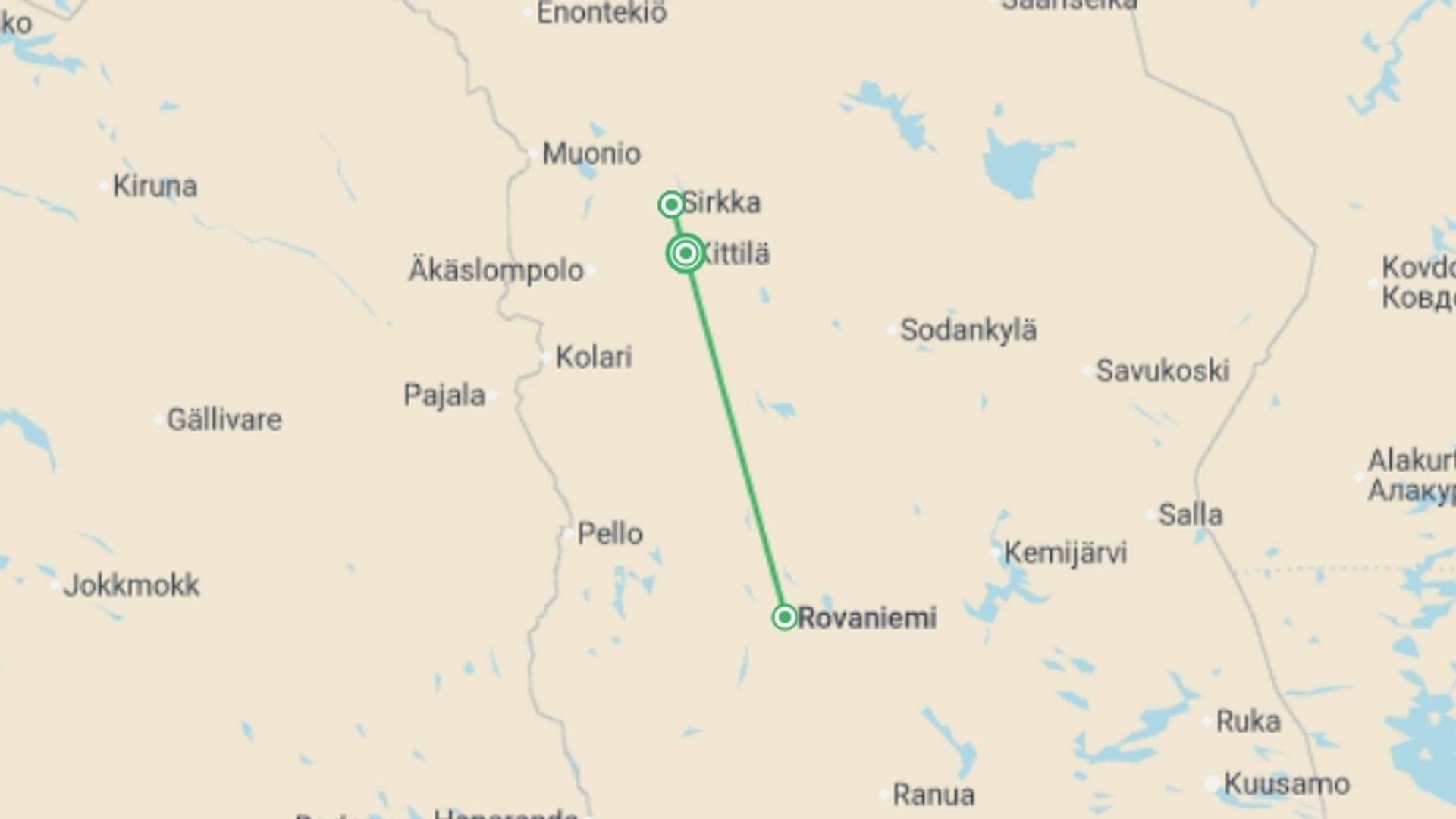 A map showing the tour itinerary for the trip: Levi Lapland Explorer - 6 Days, starting in Kittila, Finland and ending in Kittila, Finland going through 2 other destinations.